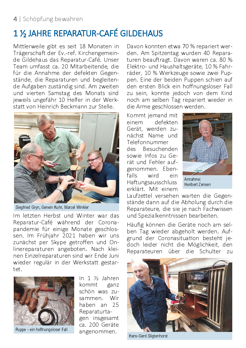 Bericht über das Reparaturcafe Gildehaus in den Gemeinde-Nachrichten der ev.-ref.-Kirchengemeinde Gildehaus